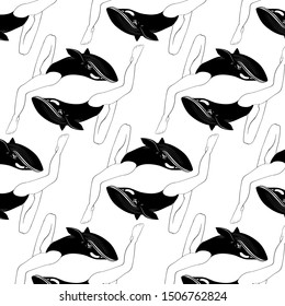 Vector pattern with hand drawn illustration of whale with human legs isolated. Template for card, poster. banner, print for t-shirt, pin, badge, patch.