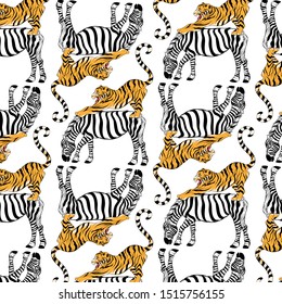 Vector pattern with hand drawn illustration of tiger and zebra isolated. Template for card, poster, banner, print for t-shirt, pin, badge, patch.