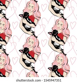 Vector pattern with  hand drawn illustration of girl with pink hair with bulldog isolated. Creative  artwork. Template for card, poster, banner, print for t-shirt, pin, badge, patch.