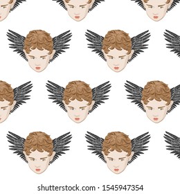 Vector pattern with  hand drawn illustration of boy with flowers isolated. Creative  artwork. Template for card, poster, banner, print for t-shirt, pin, badge, patch.