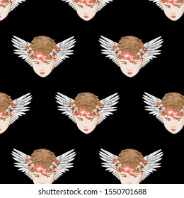 Vector pattern with  hand drawn illustration of cupid with flowers . Template for card, poster, banner, print for t-shirt, pin, badge, patch.