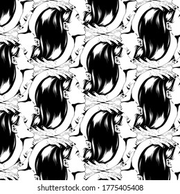 Vector pattern with hand drawn illustration of surrealistic girls.  Template for card, poster, banner, print for t-shirt, pin, badge, patch.