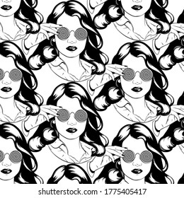 Vector pattern with hand drawn illustration of  girls.  Template for card, poster, banner, print for t-shirt, pin, badge, patch.