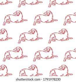 Vector pattern with  hand drawn illustration of lying persian greyhound dog  isolated. Tattoo artwork. Template for card, poster, banner, print for t-shirt, pin, badge, patch.