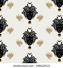 Vector pattern with  hand drawn illustration of medusa Gorgon. Creative artwork with portrait. Template for card, poster, banner, print for t-shirt, pin, badge, patch.