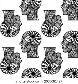 Vector pattern with hand drawn  illustration of human head of muscles with space and planet. Creative hand sketched artwork . Template for card, poster, banner, print for t-shirt, pin, badge, patch.