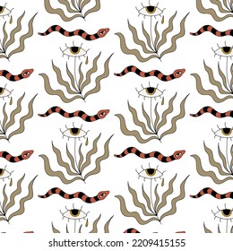 Vector pattern with hand drawn illustration of surreal flower with eye, snake. Creative abstract artwork . Template for card, poster, banner, print for t-shirt, pin, badge, patch.