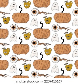 Vector pattern with hand drawn illustration of surreal apple, ghost, pumpkin, human eye. Creative abstract artwork . Template for card, poster, banner, print for t-shirt, pin, badge, patch.