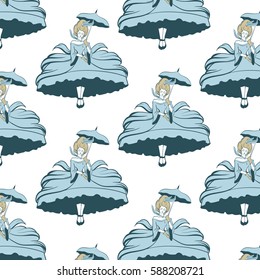 Vector pattern with  hand drawn illustration of flying  woman in dress with crinoline and umbrella. Tattoo surreal artwork. Template for card, poster, banner, print for t-shirt.