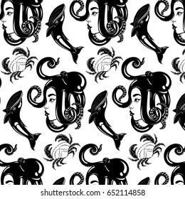 Vector pattern with hand drawn illustration of female profile with octopus on her head, whale, crab.  Template for card, poster, banner, print for t-shirt.