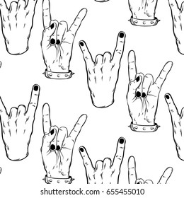 Vector pattern with hand drawn illustration of rock hand with bracelet with studs. Tattoo artwork. Template for card, poster, banner, print for t-shirt.
