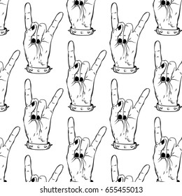 Vector pattern with hand drawn illustration of rock hand with bracelet with studs. Tattoo artwork. Template for card, poster, banner, print for t-shirt.