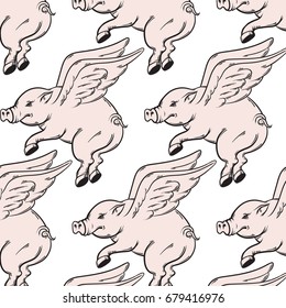 Vector pattern with hand drawn illustration of flying pig. Tattoo artwork . Template for card, poster, banner, print for t- shirt.