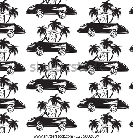 Vector pattern with hand drawn illustration of flamingo in retro car with palms isolated. Creative tattoo artwork . Template for card, poster, banner, print for t-shirt, pin, badge, patch.