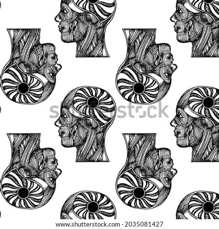 Vector pattern with hand drawn  illustration of human head of muscles with space and planet. Creative hand sketched artwork . Template for card, poster, banner, print for t-shirt, pin, badge, patch.
