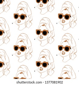 Vector pattern with hand drawn illustrtation of pretty girl with cigarette isolated. Template for card, poster. banner, print for t-shirt, pin, badge, patch.