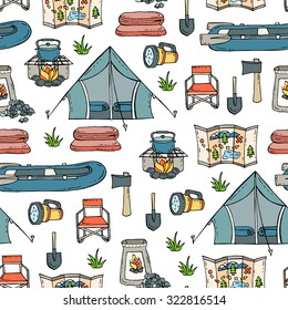 Vector pattern with hand drawn, isolated symbols of tourism and camping - tent, boat, fire, ax, shovel, map, flashlight, sleeping bag. Background for use in design, web site, packing, textile, fabric