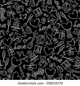 Vector pattern with hand drawn isolated symbols of Valentine's Day on black color. Seamless pattern on the theme of love, feelings, relationships, wedding. Background for use in design