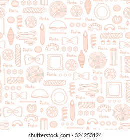 Vector pattern with hand drawn Italian pasta -spaghetti, shells, ribbons, spirals, butterflies, stars, horns, feathers, ravioli, wheels on white. Background for use in design, packing, textile, fabric