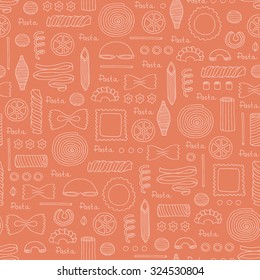 Vector pattern with hand drawn Italian pasta-spaghetti, shells, ribbons, spirals, butterflies, stars, horns, feathers, ravioli, wheels on orange. Background for use in design, packing, textile, fabric