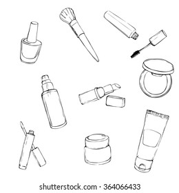 Vector pattern with hand drawn makeup. Branding elements for beauty or makeup artist. Flyer design with cosmetics