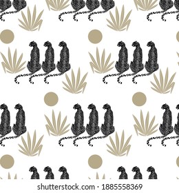 Vector pattern with hand drawn minimalistic illustration of cheetahs . Creative artwork. Template for card, poster, banner, print for t-shirt, pin, badge, patch.