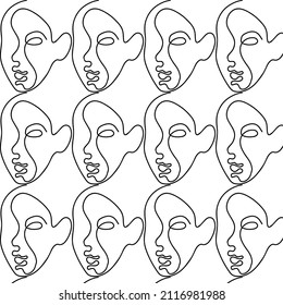 Vector  pattern with hand drawn  minimalistic one lined illustration. Creative artwork with face. Template for card, poster, banner, print for t-shirt, pin, badge, patch.