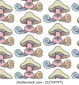 Vector pattern with hand drawn minimalistic surreal illustration with eye on rainbow mushroom . Creative artwork. Template for card, poster, banner, print for t-shirt, pin, badge, patch.