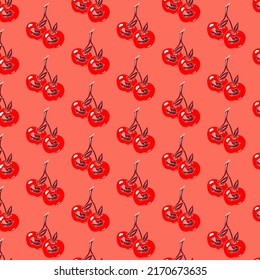 Vector pattern with hand drawn minimalistic abstract illustration of surreal cherry with mouth. Creative artwork . Template for card, poster, banner, print for t-shirt, stamps, stickers, pin, badge
