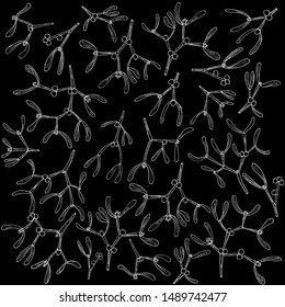 Vector pattern with hand drawn mistletoe twigs and berries on black background