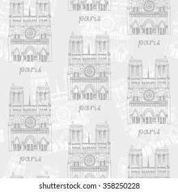 Vector pattern with hand drawn Notre Dame de Paris Cathedral, France. Seamless background with french travel landmark