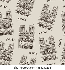 Vector pattern with hand drawn Notre Dame de Paris Cathedral, France. Seamless beige background with french travel landmark
