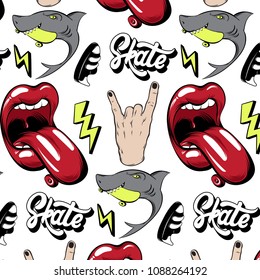 Vector pattern with hand drawn pins. Sketch of mouth, rock hand, lightening, shark, sneakers. Template for card, poster, banner, print for t-shirt, flash tattoo, badge and patch. 