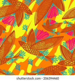 Vector pattern with hand drawn red fish with wings on the orange background. 
