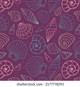 Vector pattern of hand drawn sea shells, oysters, conches. Marine outline illustration of multicolored shells