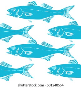 Vector pattern with hand drawn Sea Bass, Dicentrarchus labrax. Advertising, menu or packaging cool design elements.
