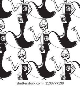 Vector pattern with hand drawn surreal illustration of woman with sound system speakers. Tattoo artwork. Template for card, poster. banner, print for t-shirt, pin, badge, patch.