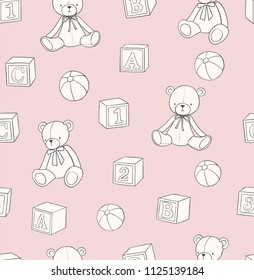 Vector pattern with hand drawn teddy bear and building blocks. Baby toys seamless background in doodle style. 
