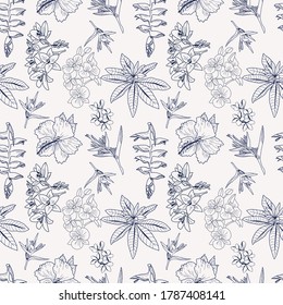 Vector pattern of hand drawn tropical flowers, leaves, jungle plants. Exotic floral background. Can use composition for invitation card, Fabric, cloth design, wallpaper, wrapping.