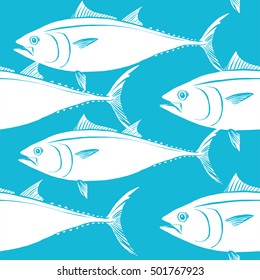 Vector pattern with hand drawn Tuna, Thunnus. Advertising, menu or packaging cool design elements.
