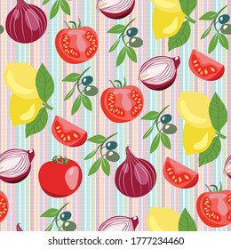 Vector pattern of hand drawn vegetables collection on stripes background. 