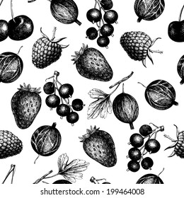 Vector pattern with  hand drawn vintage wild and garden berries. Vintage fruit and berry seamless background isolated on white