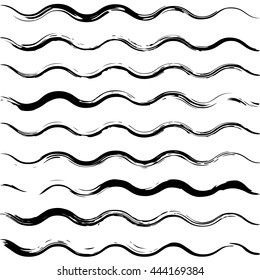 Vector pattern with hand drawn waves. Ornament for wrapping paper. Black and white texture. Abstract background with wavy brush strokes. 