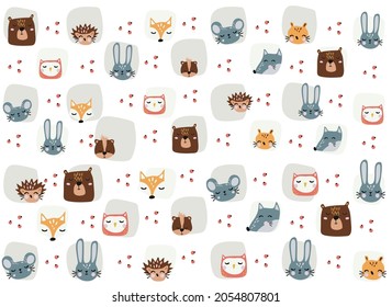 Vector pattern with hand drawn wild forest animals, trees, flowers, mushrooms. Illustration for cards, invitations, baby shower, preschool and children room decoration