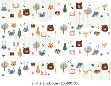 Vector pattern with hand drawn wild forest animals, trees, flowers, mushrooms. Illustration for cards, invitations, baby shower, preschool and children room decoration