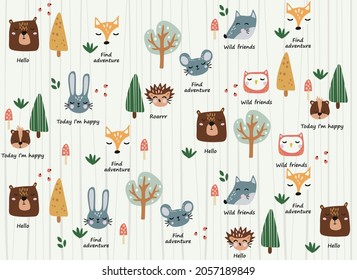 Vector pattern with hand drawn wild forest animals, trees, flowers, mushrooms. Illustration for cards, invitations, baby shower, preschool and children room decoration