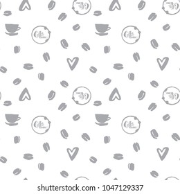A vector pattern from hand-drawn coffee beans, hearts and prints with calligraphy coffee time of gray color on a white background.