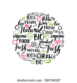 Vector pattern with handwritten elements and vegetables. Headers with rough edges. Organic farm fresh food. Vegetarian natural bio product. Ink brush lettering. Hand drawn leaves and vegetables.