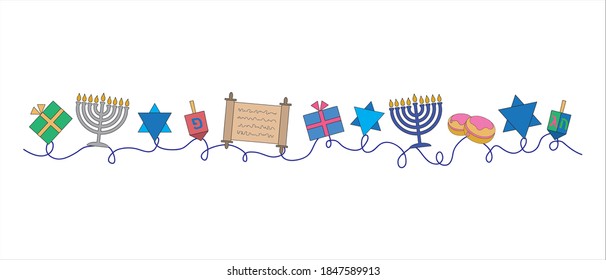 Vector pattern with Hanukkah symbols on one horizontal line. Holiday menorah, Torah, Star of David, dreidel, gifts 
on white background. Design for holiday card, poster, flyer, website. Сan be repeted