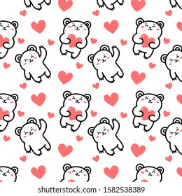 Vector pattern with happy cute bear and heart on white background. Line art style design with bear for web, site, valentine day banner, greeting card